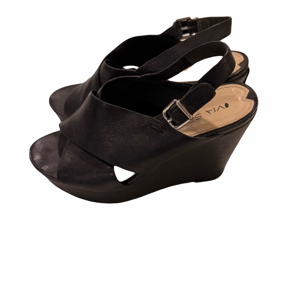 Via Spiga Black Open-Toe Wedges